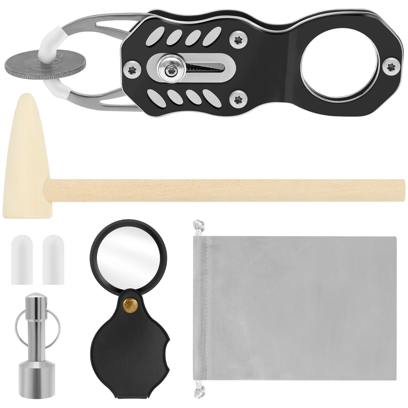 Pocket Coin Ping Pinger Test Kit Coin Ping Test Portable Gold and Silver Changes Resonance Testing Tool with Hammer Magnifying G