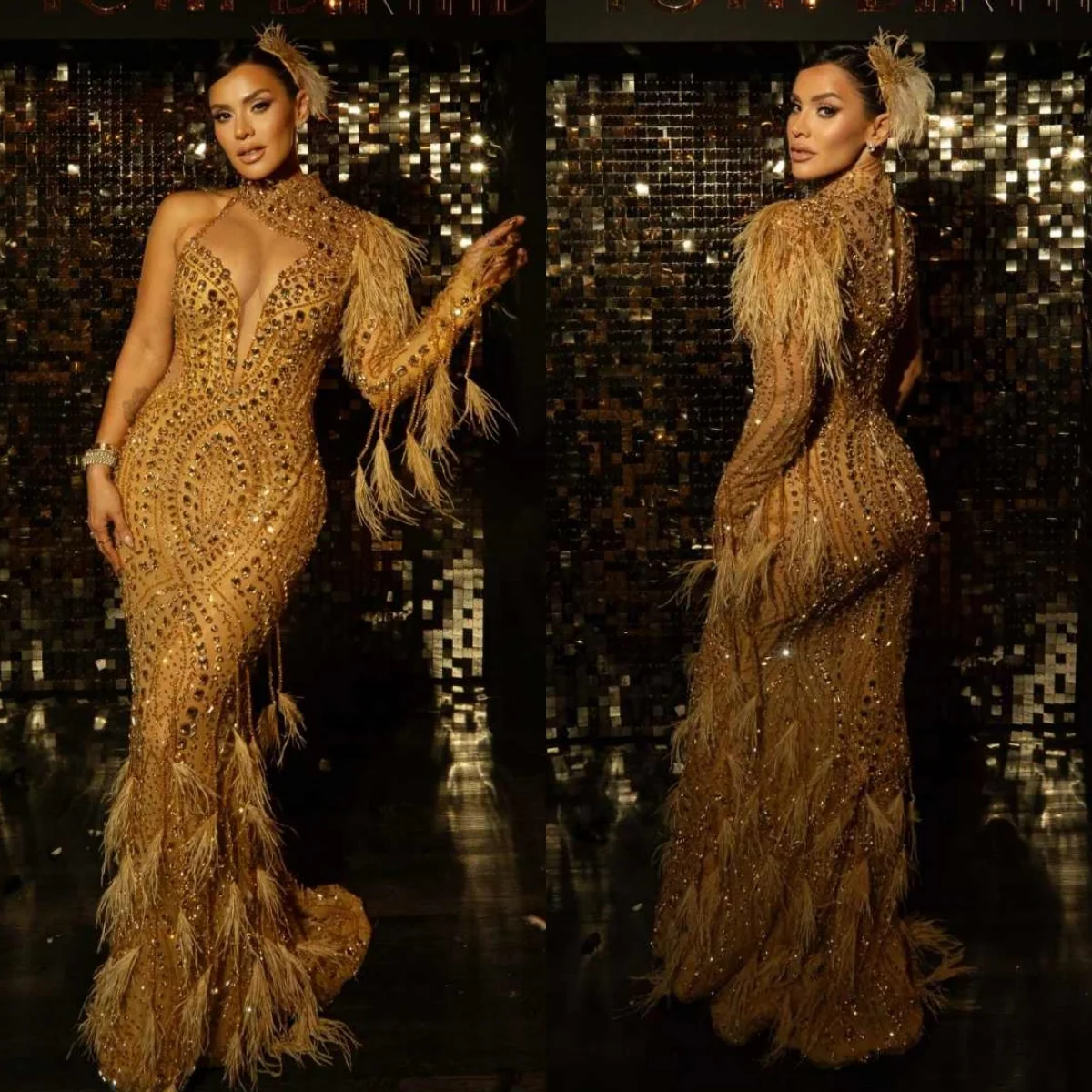 

Exquisite High Neck Beaded Prom Dresses Sexy Crystal One Shoulder Evening Dress Customized Feathers Floor Length Party Gown
