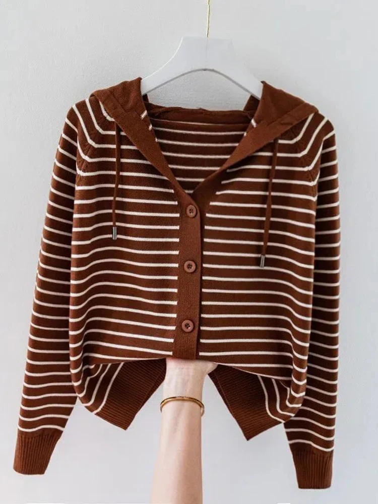 Stripe Hooded Oversized Knitted Cardigan Elegant Spring Fall Women Tops New Loose Knitewear Sweatershirt Korean Fashion Sweater