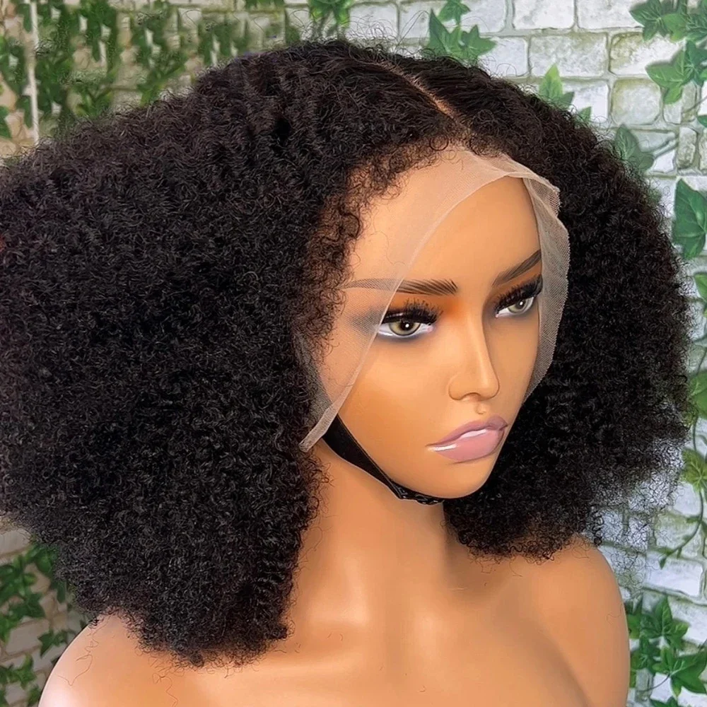 

Soft 14Inch Black 180Density Short Bob Kinky Curly Deep Lace Front Wig For Women With Baby Hair Preplucked Glueless Daily