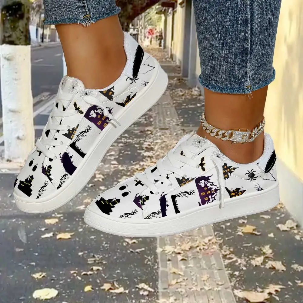Spooky Halloween Elements Women Casual Sneakers, Low‑Top Canvas Shoes, Lace‑Up for Halloween Festival Party and Daily Wear