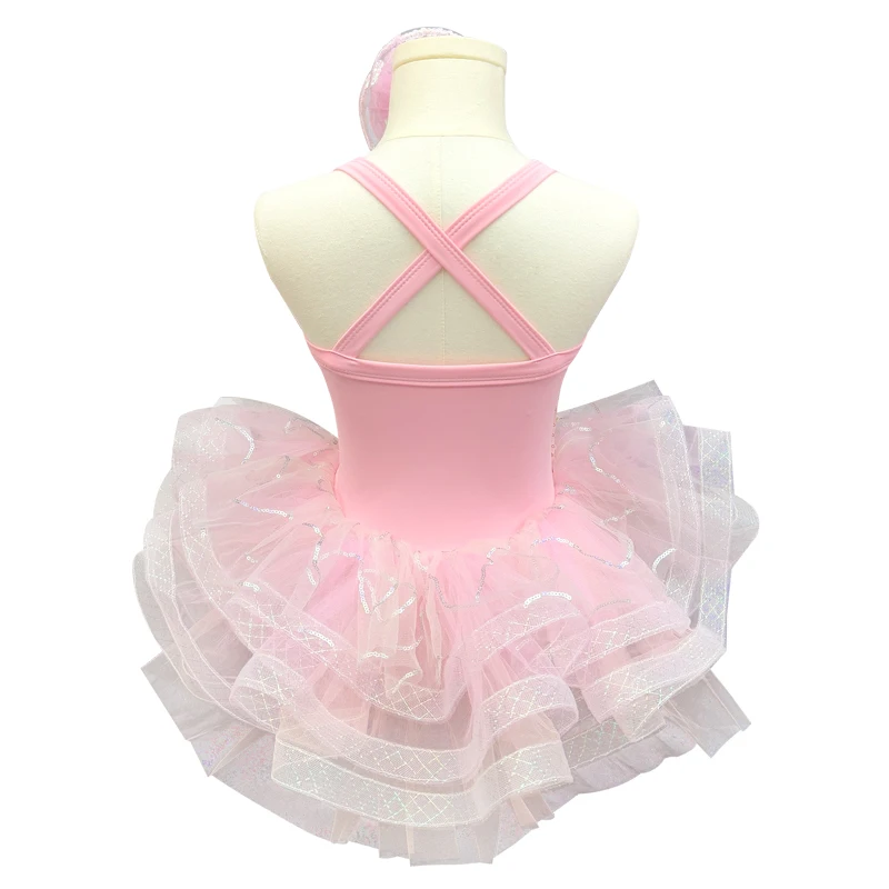 Girls' Pink Sequin Ballet Dress with Layered Tulle Skirt and Flower Headpiece Cross Back Dance Costume