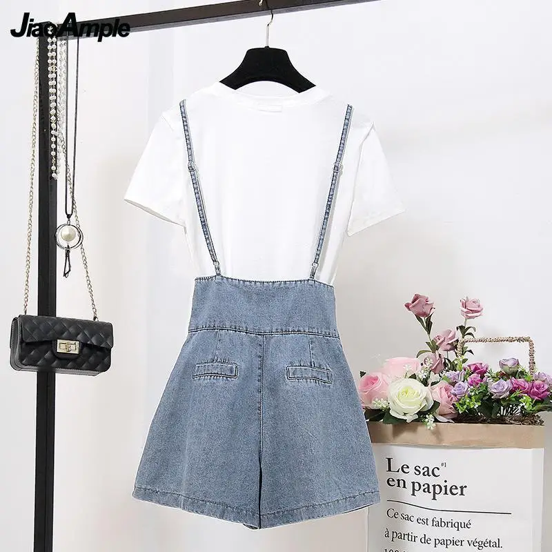 Women's Fashion T-Shirt Denim Bib Two Piece 2024 Summer New White Short Sleeve Shorts Suit Korean Elegant Casual Jeans Set