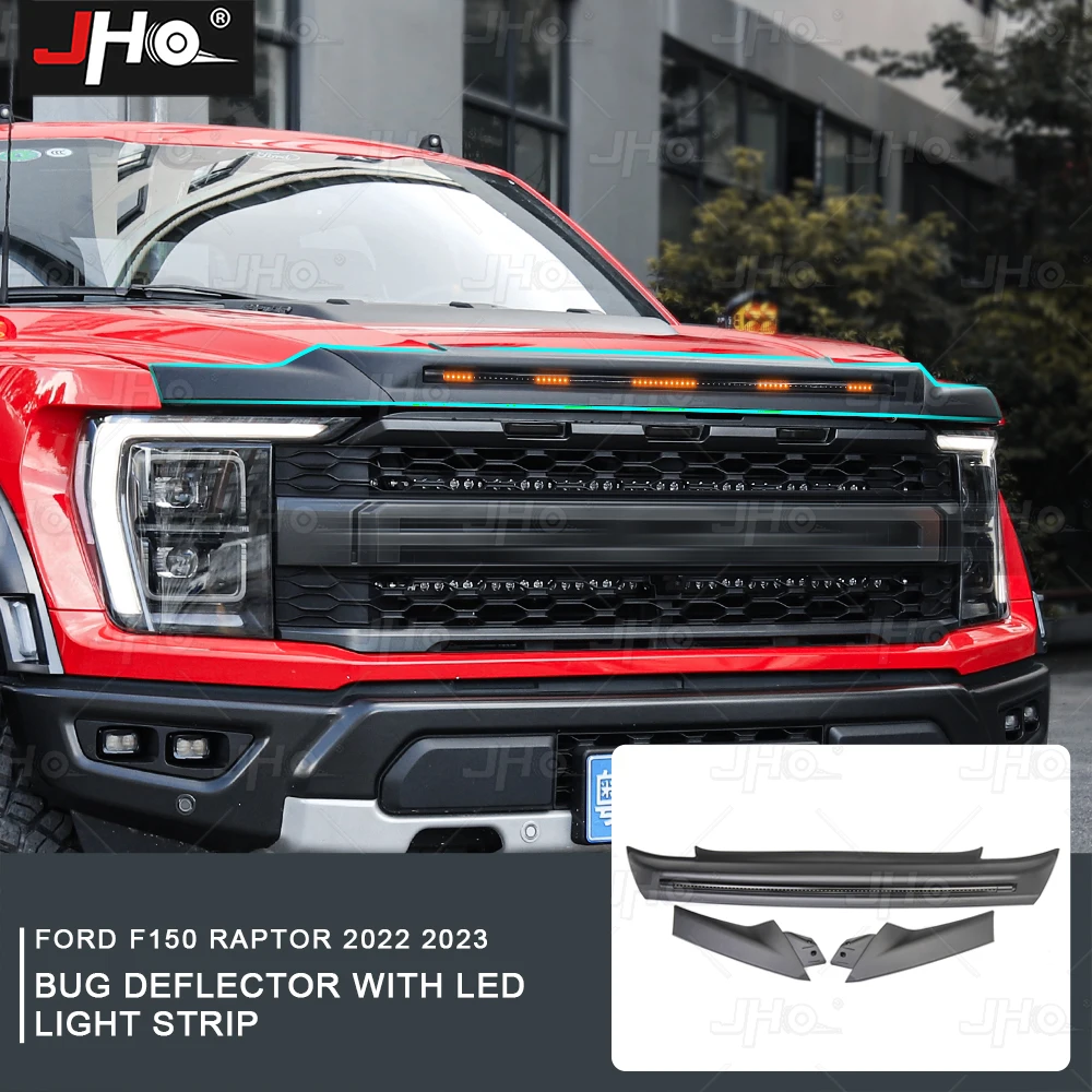 

JHO Offroad Front Bug Shield Hood Deflector Guard With Light Strip For Ford F150 Raptor 2022 2023 Protector Accessories Black