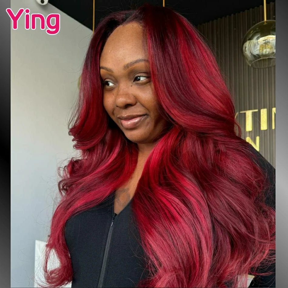 Ying 180% 12a onda do corpo destaque borgonha vermelho colorido 13x6 perucas frontais do laço cabelo humano preplucked peruano 13x4 peruca dianteira do laço