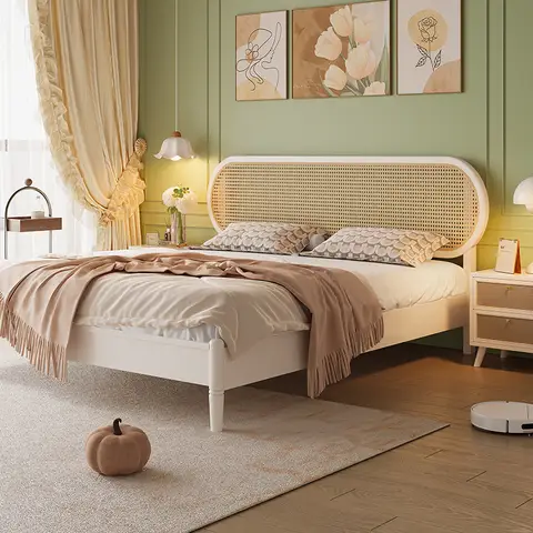 Customizable French Cream Wind Solid Wood Rattan Modern Simple Bedroom Pastoral White 1.8m Double Name Homestay Rattan Bed