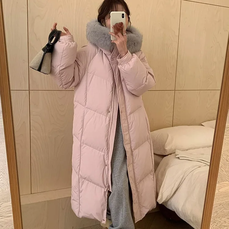 2024 Winter New Korean Edition White Goose Down Jacket for Women, Hooded, Large Hairy Collar, Long, Over Knee, Loose, Thick Coat