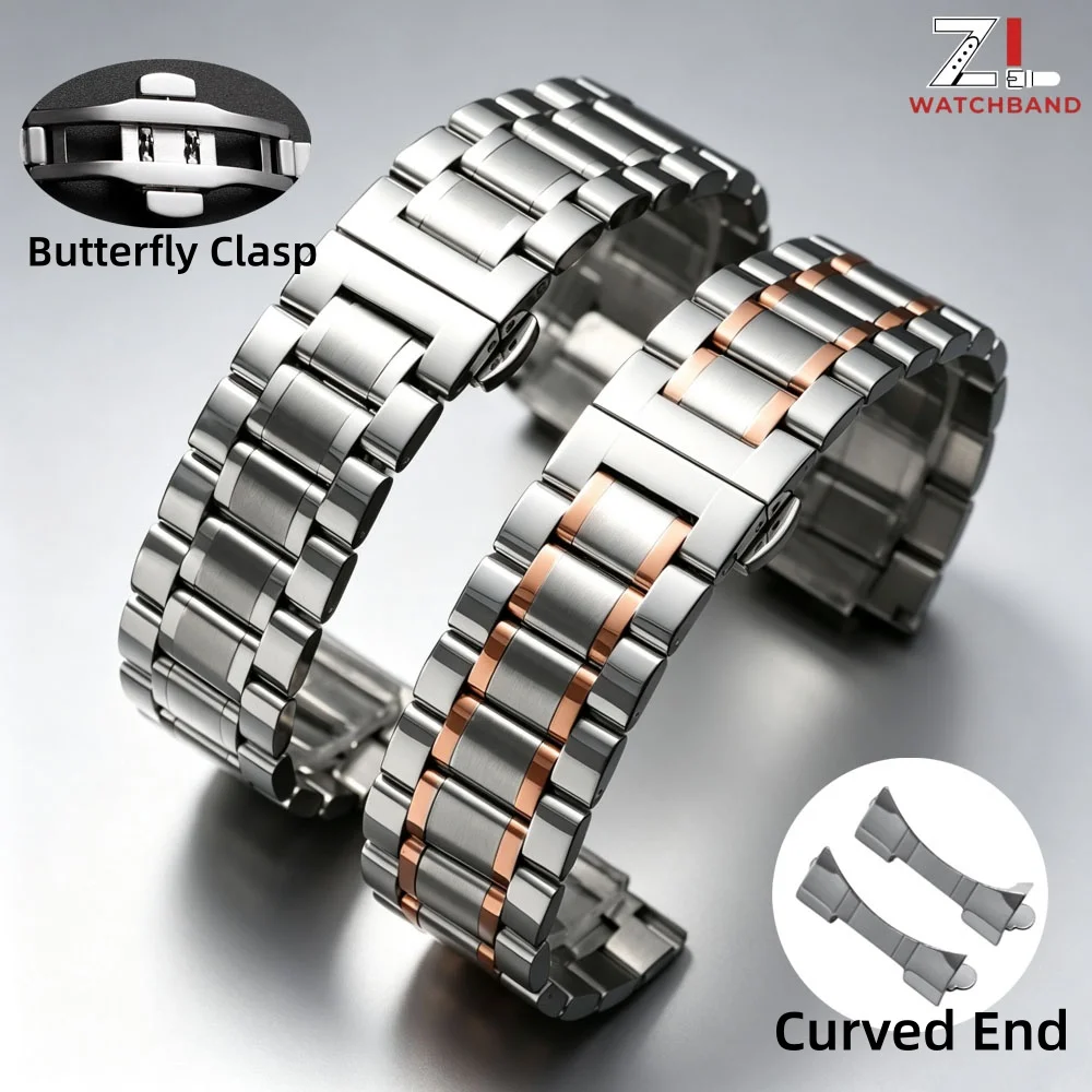 Curved End Stainless Steel Watch Band 12/13/14/15/16/17/18/19/20/21/22/23/24mm Butterfly Clasp Solid Metal Universal Bracelet