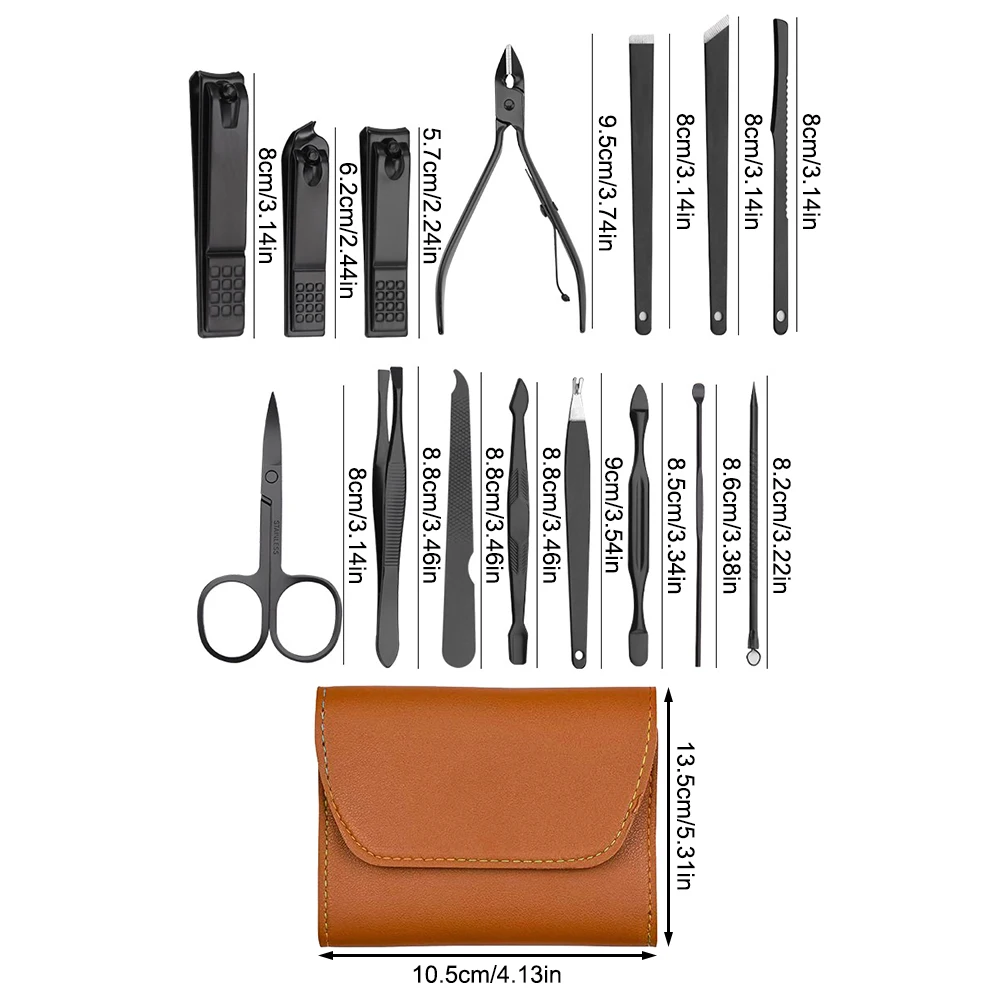 Conjunto de manicure, kit profissional de cortador de unhas feminino 16 peças, ferramentas de cuidado de cortador de unhas de aço inoxidável kits de aliciamento profissional, pu