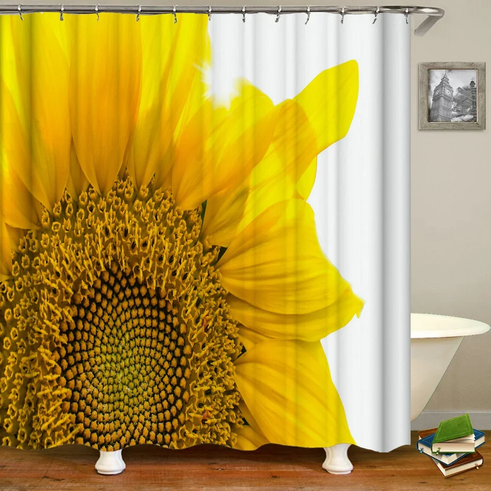 Sunflower Fresh Flowers Pattern Shower Curtain Bathroom Waterproof 3d Printing Bath Curtain With Hooks 180*180cm Polyester Cloth