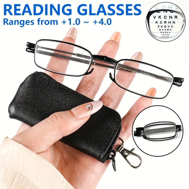 Tragbare, faltbare Lesebrille mit Schlüsselanhänger-Etui, Anti-Blaulicht-Brille für Damen und Herren, ultraleichte Hyperopie-Brille