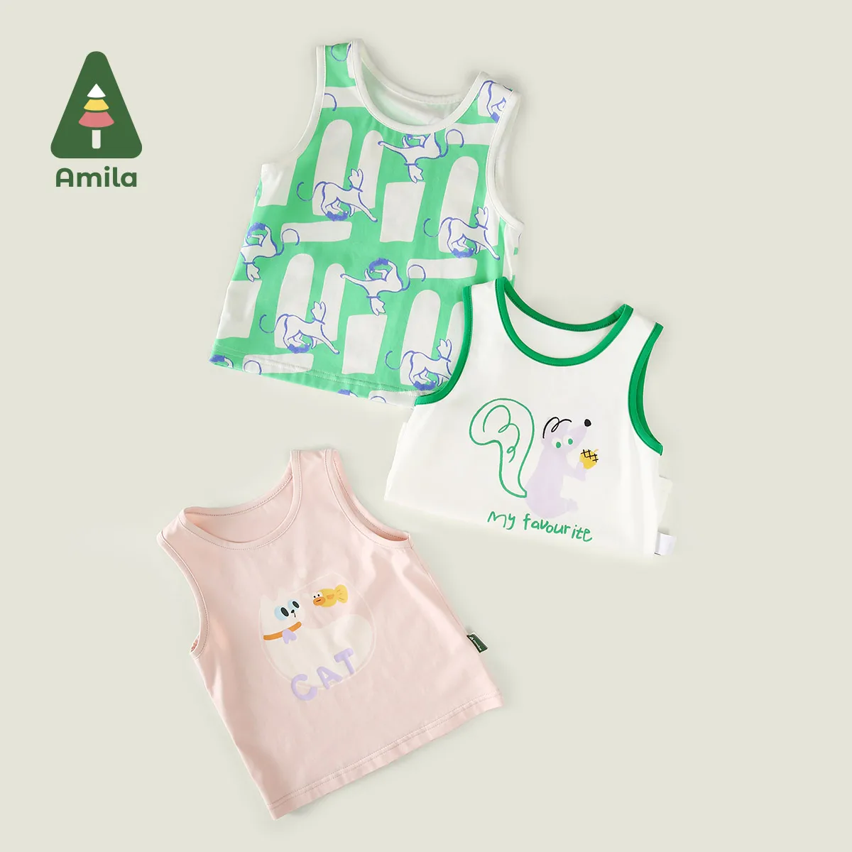 Amila Baby Top Summer 2024 New Fun Printed Cotton Color Matching Sleeveless Vest Comfortable Skin-Friendly Kids Clothing