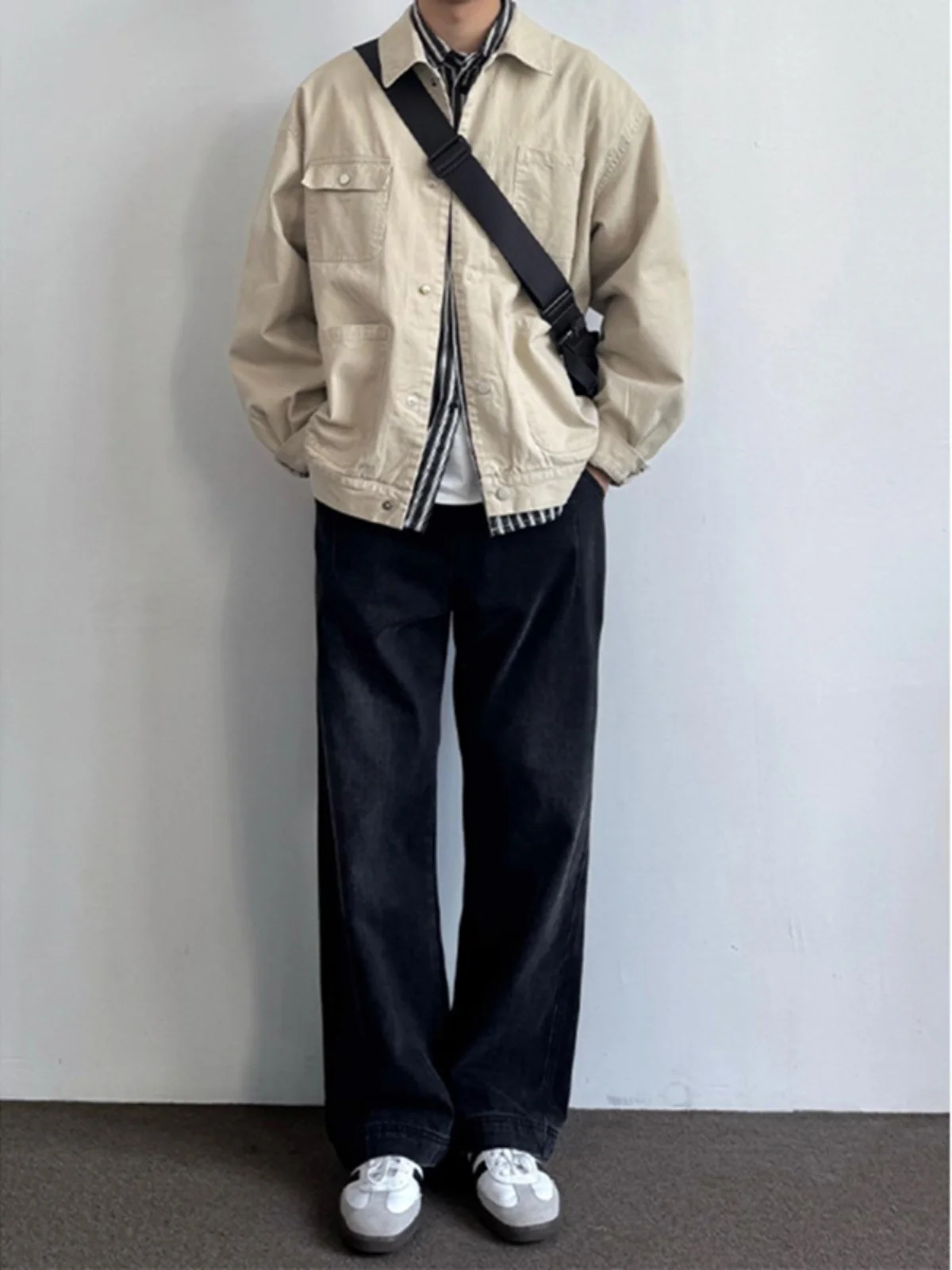 

American Sle aduated Bla Denim Jeans Men's Spring Autumn Slimming Straight Loose Wide Leg Pants Youth Trendy Wear Resis...