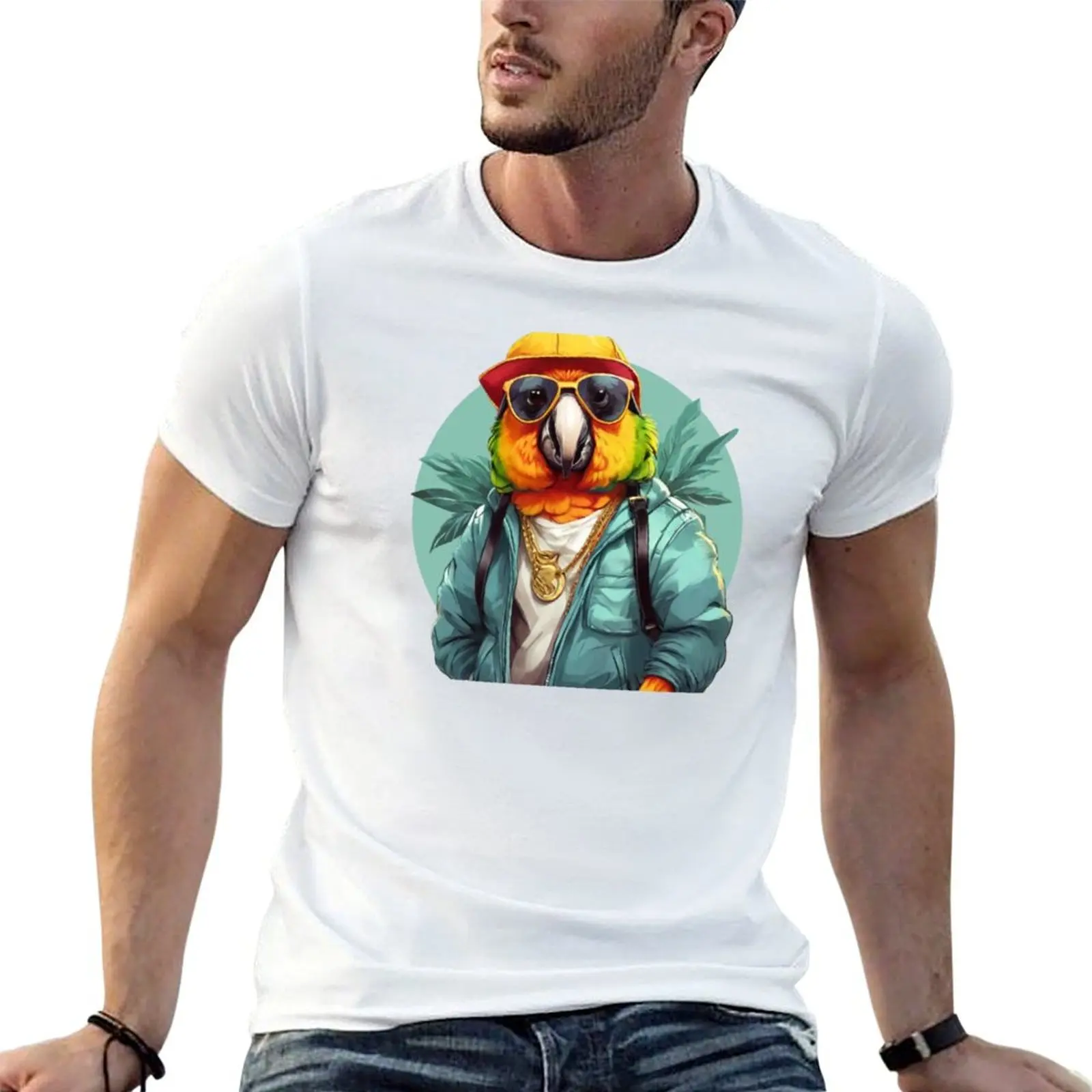 Genial rapero lorito con cadena dorada y gafas de sol. Camiseta de algodón para hombre, camiseta de algodón para hombre, camiseta para hombre