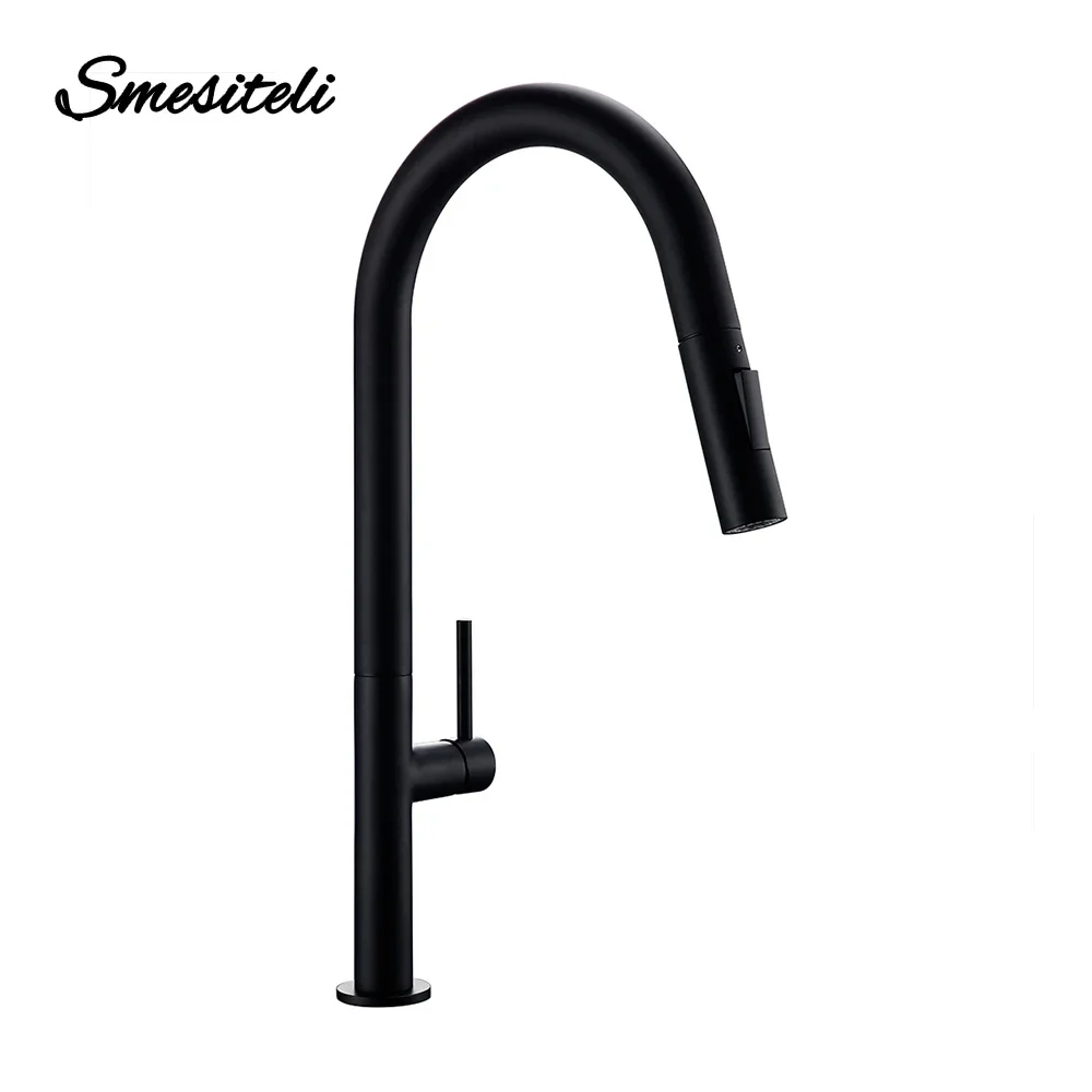 

Kitchen Mixer Sink Tap Hot Cold Water Brushed Chrome and Black Stainless Steel 360 Degree Rotation Pull Out Brass Faucet