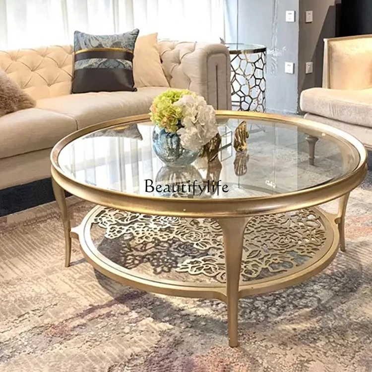 

American solid wood light luxury living room household coffee table high-end French round modern simple glass tea table
