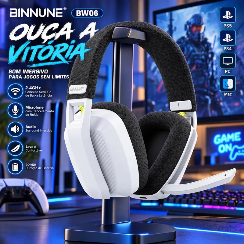 BINNUNE BW06 Fone de Ouvido Gamer Bluetooth 2.4GHz Sem Fio Estéreo Modo Duplo Microfone HD Cancelamento de Ruído Confort