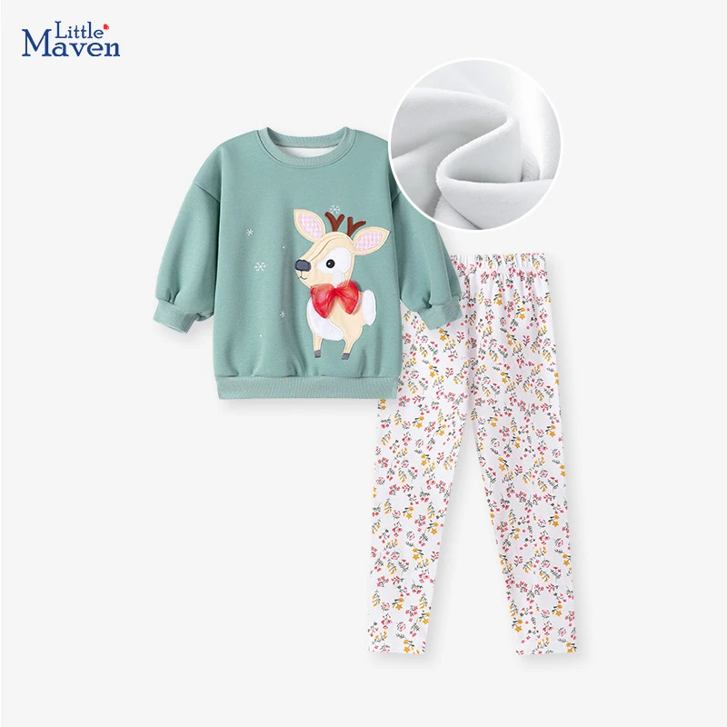 

Little maven 2025 Christmas Animal Deer Appiques Children's Clothing Winter Warm Fleece Girls Boutique Outfits for Kids Clothes