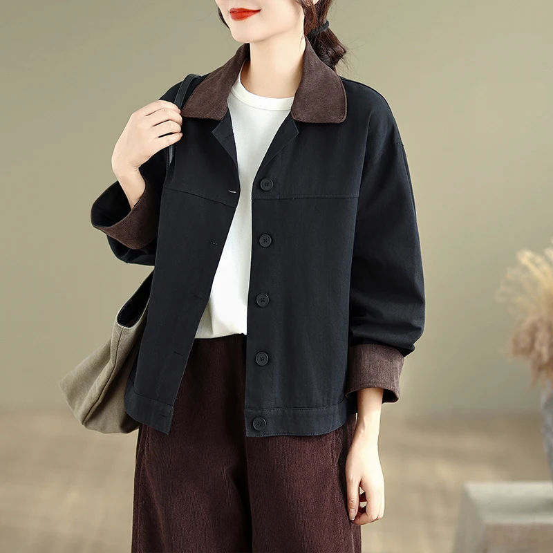 Spring Autumn Women's Jacket Fashionable Color Block Collar Pure Color Short Outerwear Original Design Cotton Blend Ladies Coat