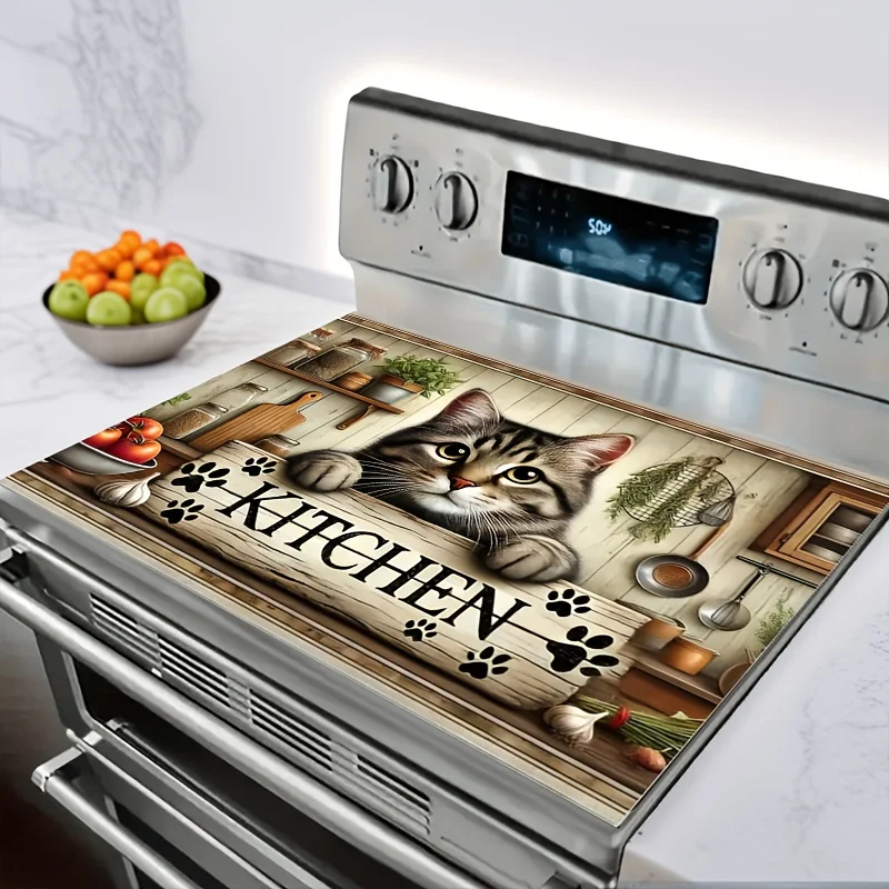 

Extra-Large Non-Slip Stove Cover – Tabby Cat & Paw Print Design with Wood Grain, Heat-Resistant for Cooktops & Appliances