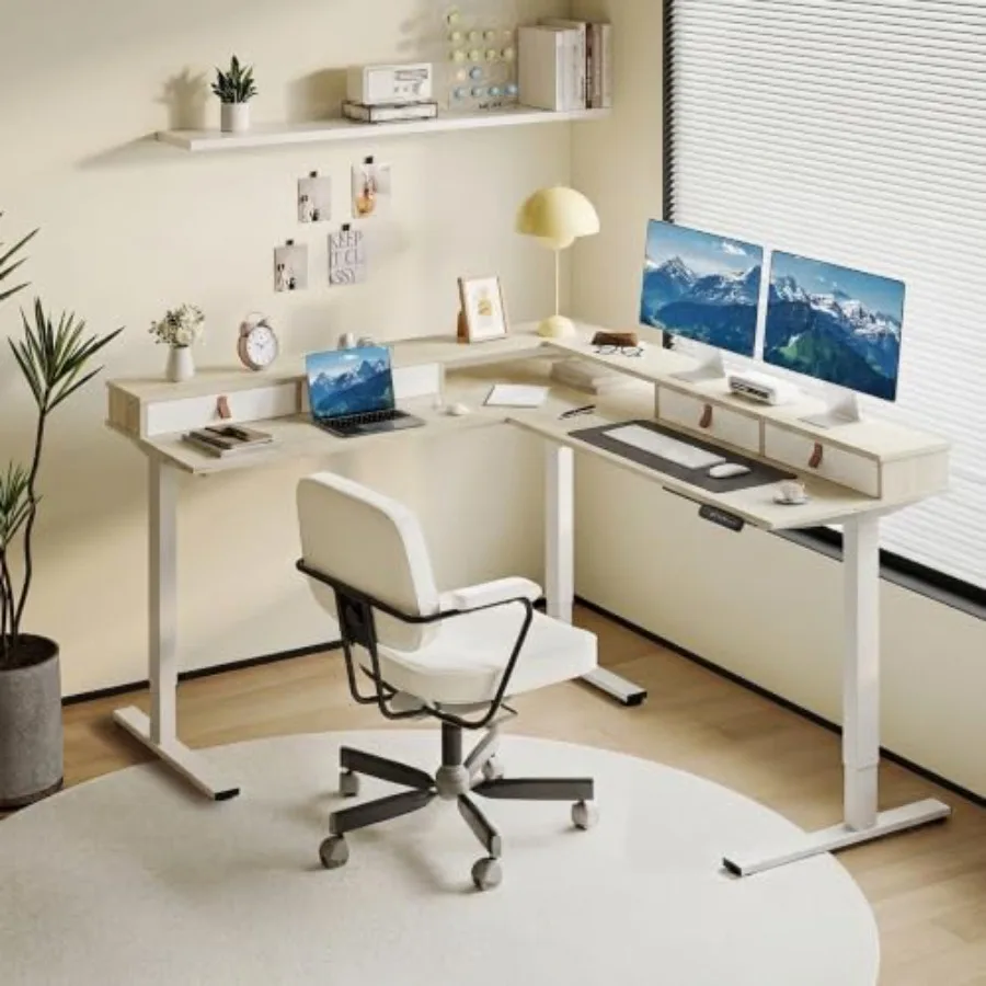 Electric L-Shaped Corner Standing Desk with 4 Drawers: Office Use, Steel Frame, Matte Black, Height-Adjustable Space-Saving Des