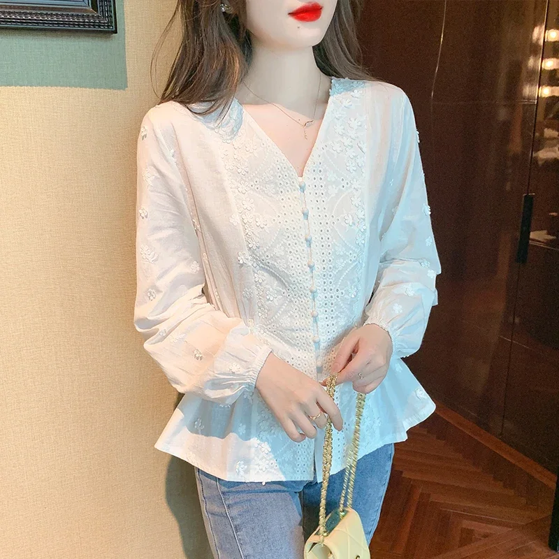 Camisa blanca con cuello en V Para Mujer, Blusa de manga larga bordada, Blusas a la moda, M162