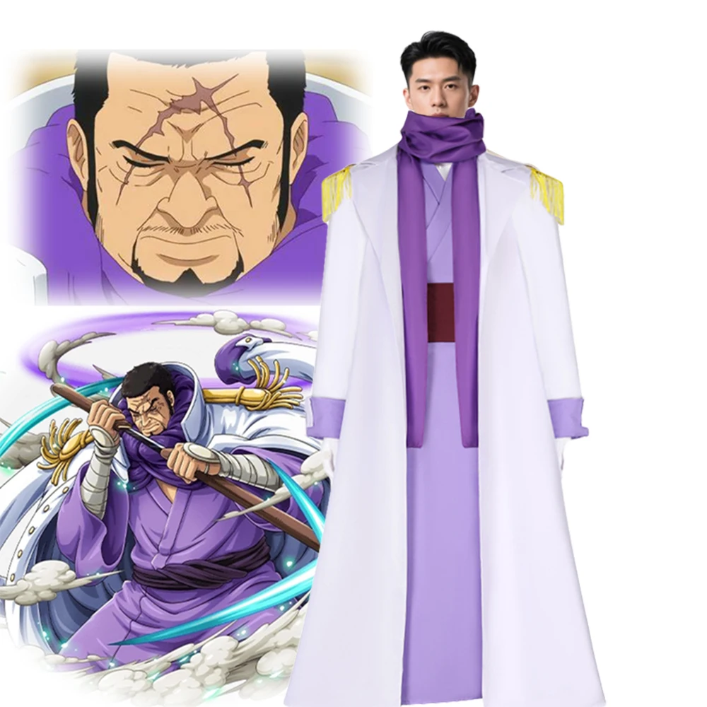 

Anime Fujitora Admiral Marine Cosplay Costume Trench Uniform Japanese Purple Kimono White Cloak Man Halloween Carnival Suit