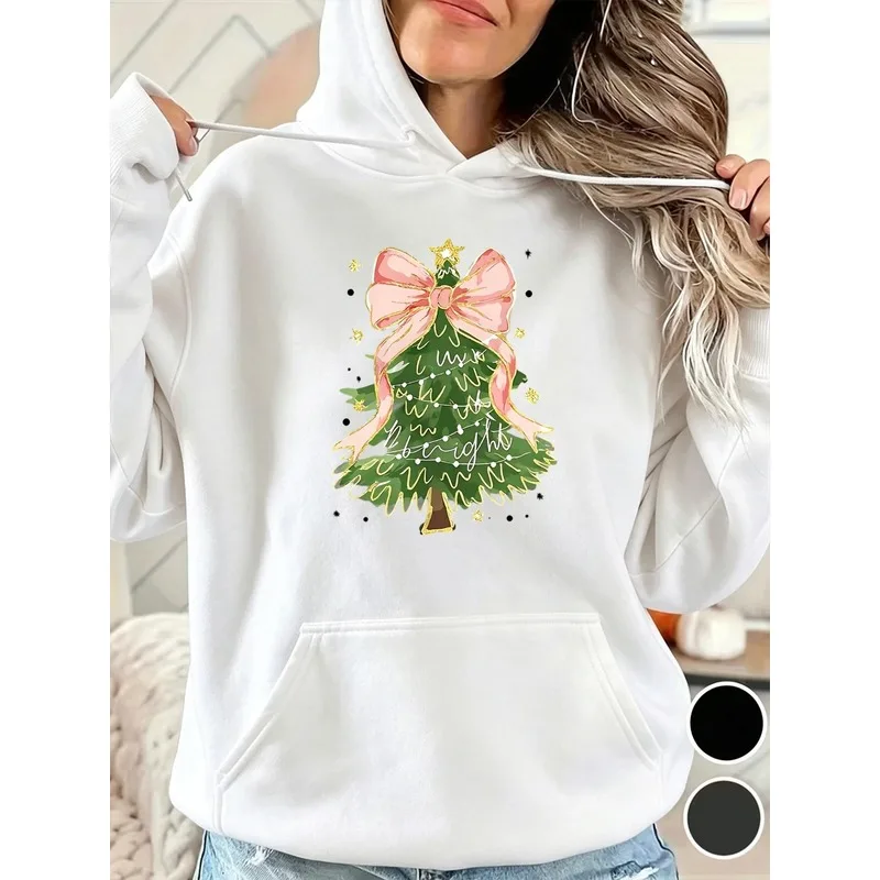 Women's casual loose hoodie Cute holiday bow and Christmas tree pattern Soft, comfortable, sweetly stylish Christmas Casual Wear