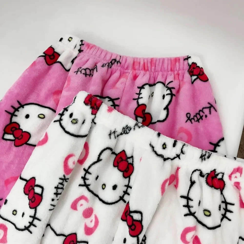 Hello Kitty pajamas law women's summer flannel new Y2K couple high waist wide leg hot pants casual walking pajama pants view 3