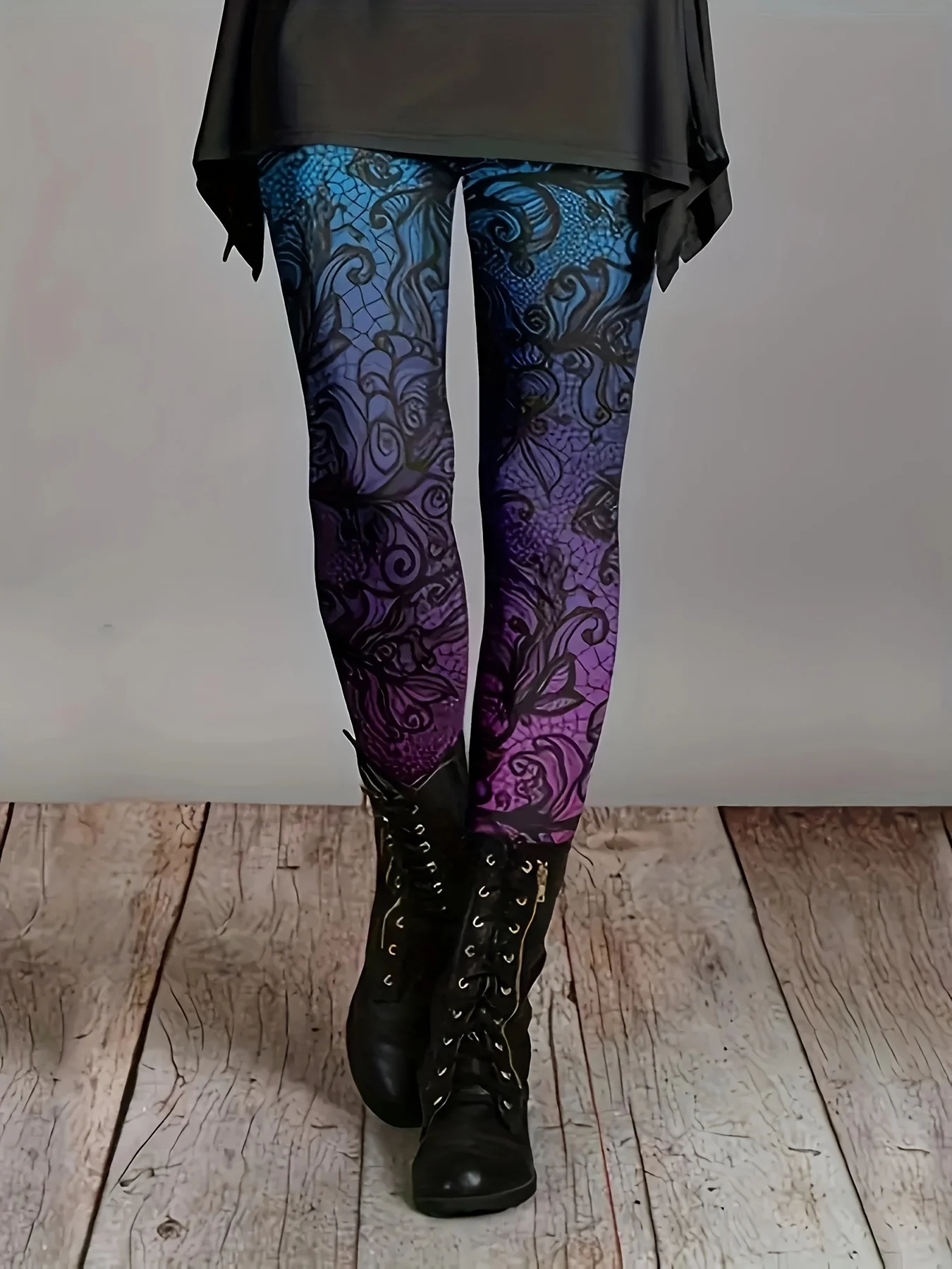 Women Fleece‑Lined Leggings Blue‑Purple Gradient Lace‑Style Art Print Winter Stretch Bottoms