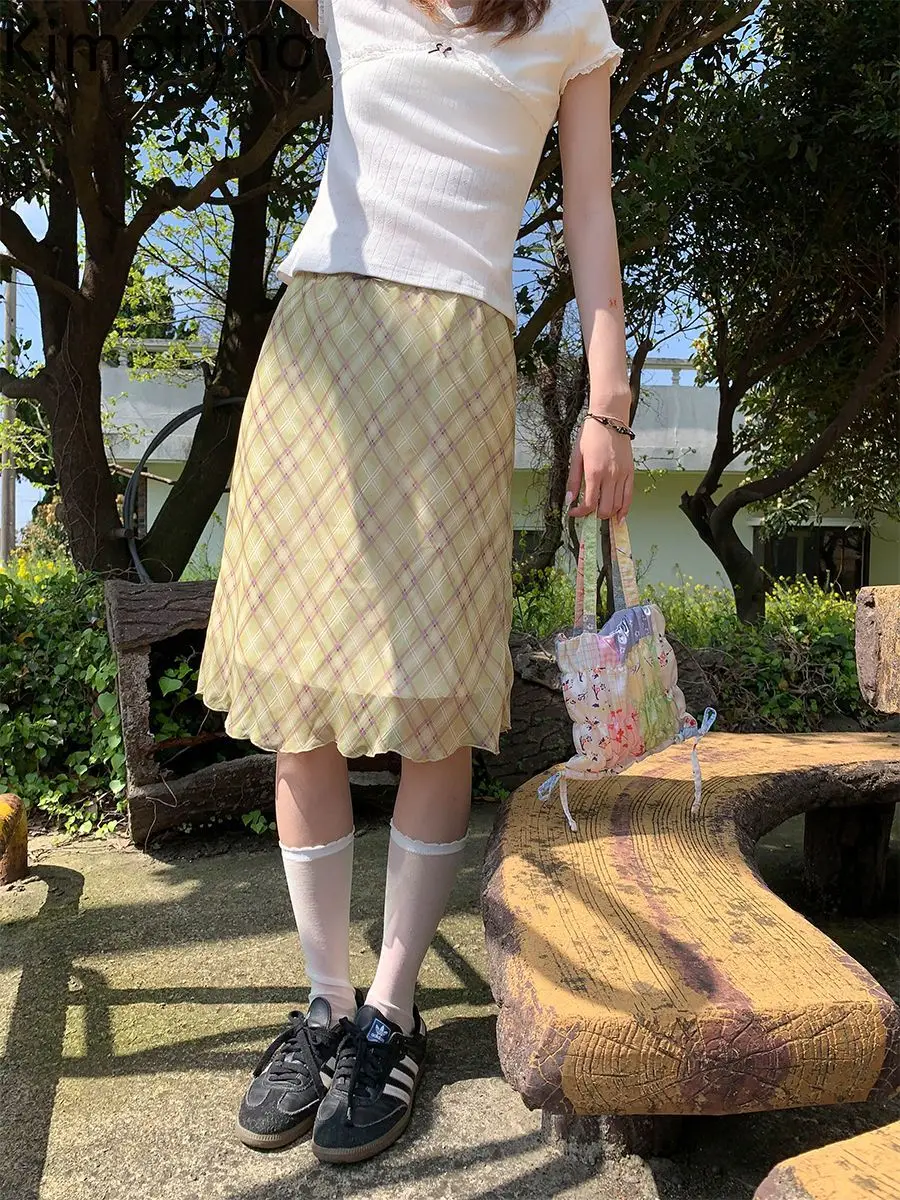 Kimotimo Summer Sweet Chiffon Argyle Midi Skirt Women High Waist Slim Fit A-line Plaid Skirts Retro Fashion Versatile Skort