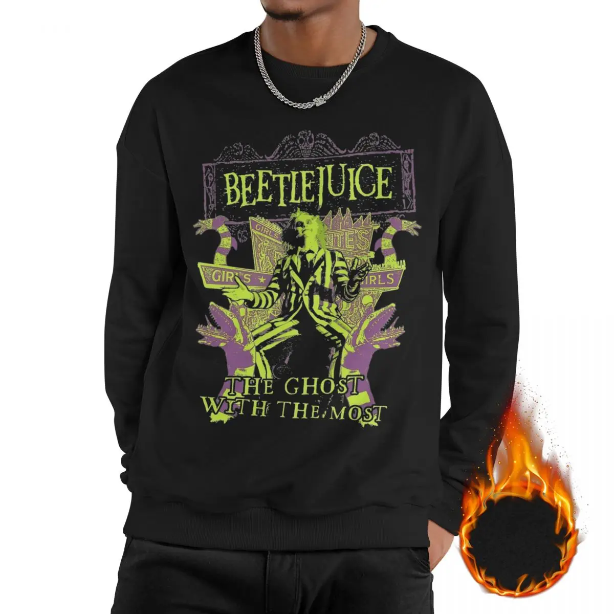 

Mens Fleece Lined Sweatshirts Retro B-Beetlejuice Film Merch Sweatshirt Horror Movie Pullover Long Sleeve Shirt Hoodies