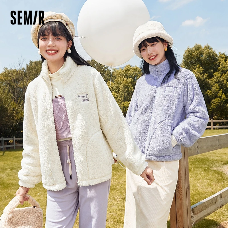 Semir Outerwear Jacket Women Plush Stand Collar Embroidery Simple Wind 2022 Winter New Warm Sweet Knit Jacket Women