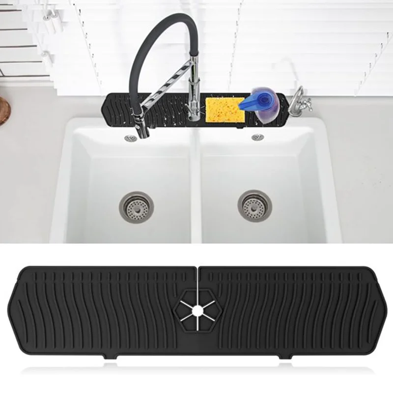 Kitchen Sink Splash Guards Mat Water Guards Catcher Tray Long Silicone Faucet Handle For Kitchen Black