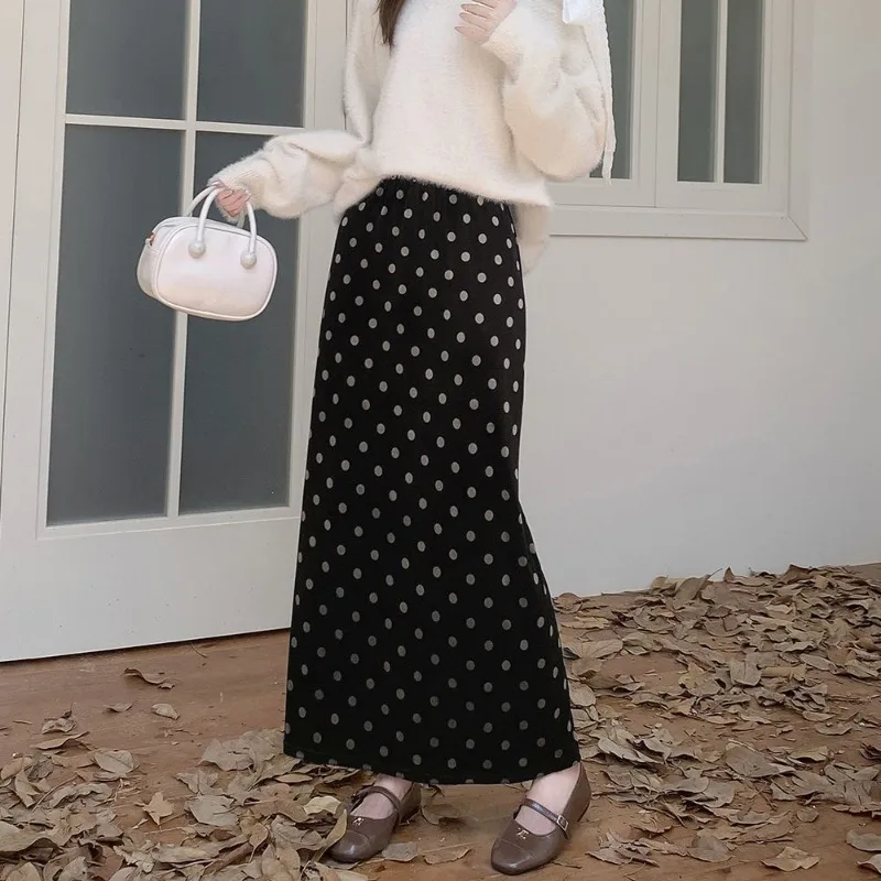 Women's Velvet Polka Dot Straight Midi Skirt High Waist A Line Back Split Slim Fit Fall Winter Long Half Skirt S 4XL