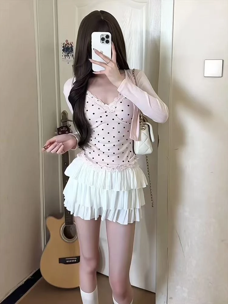 2026 Spring New Sweet Polka Dot Camisole Women Hot Girl Sexy Long Sleeve Pink Cardigan Female Design Kawaii Cute Chic Clothes