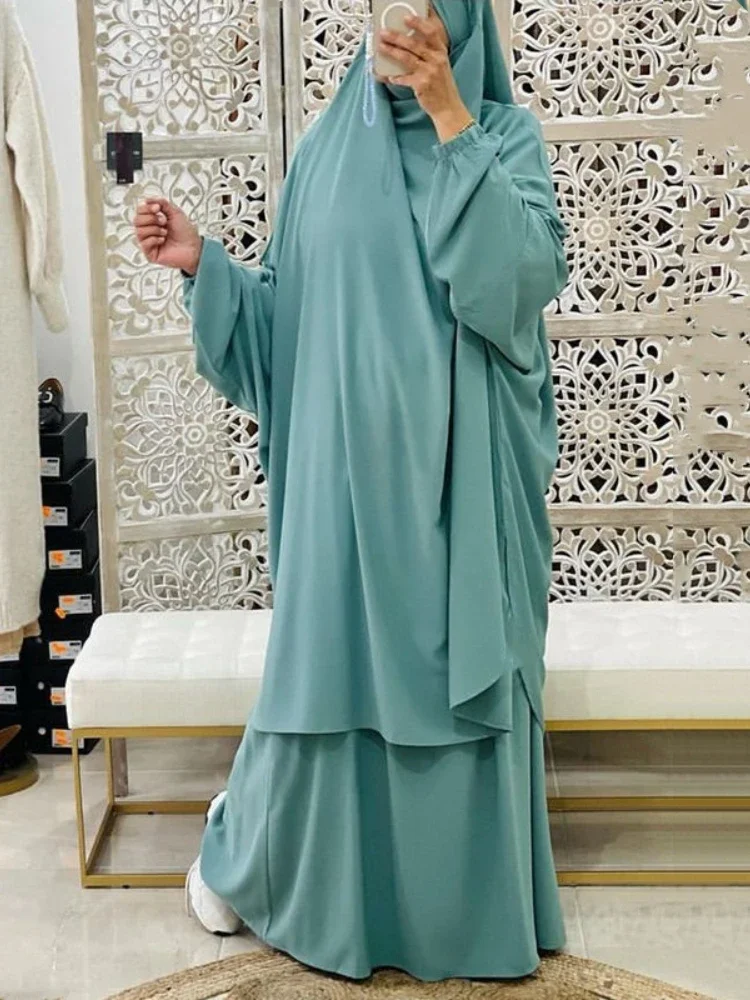 

Ramadan Eid 2 Piece Jilbab Long Khimar Set Muslim Women Prayer Garment Hooded Abaya Dubai Prayer Dress Eid Niqab Burka Djellaba