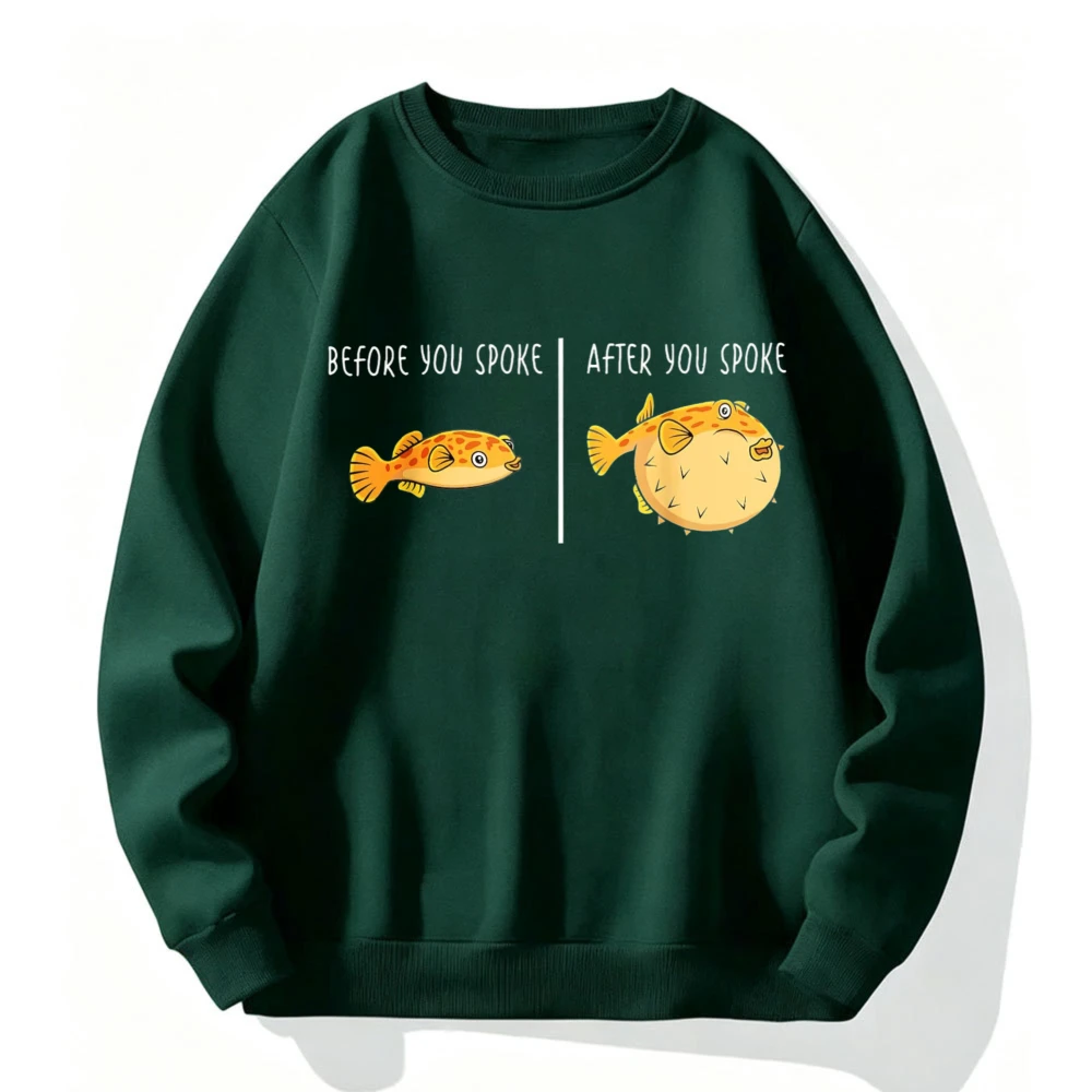 Fun Pufferfish Cartoon Print Round Neck Sweatshirt with Front and Back Opening, Unisex Casual Fishing Pullover Top