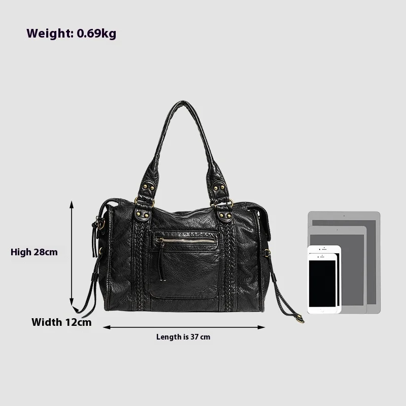 سعة كبيرة حقيبة دراجة نارية خمر الفرنسية الرجعية الكتف Crossbody حمل حقيبة المرأة حقيبة مغسولة بطانة البوليستر الناعمة #4