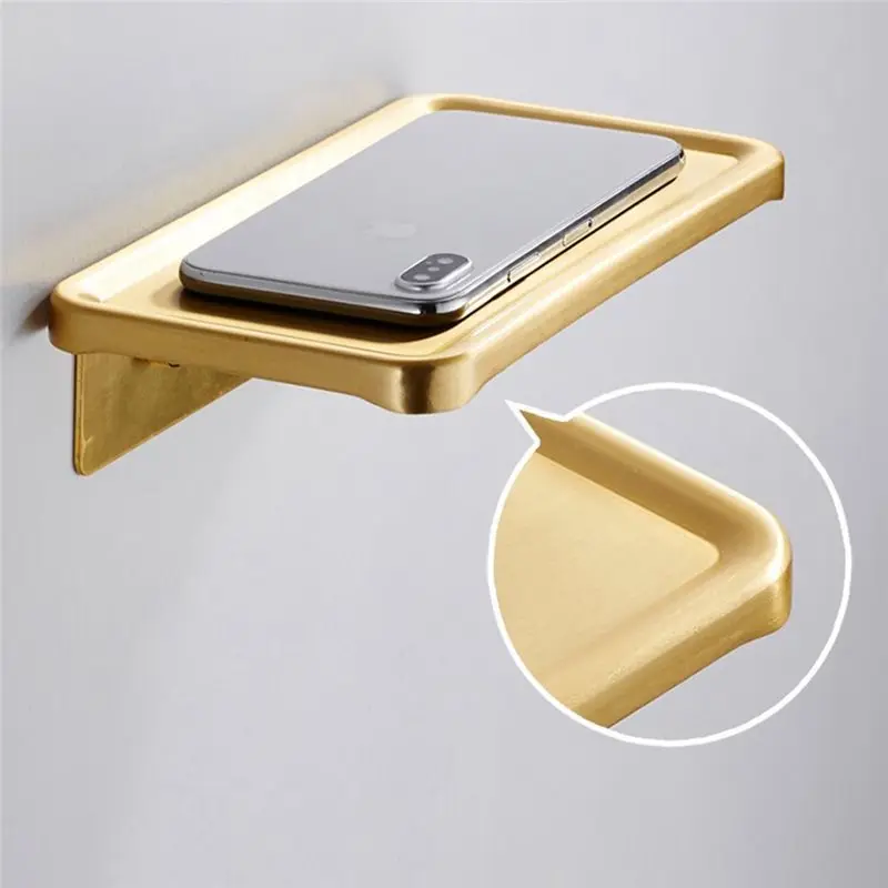 WORTHOWN-Brushed Gold Towel Rack Stick On Shelf Phone Shelf