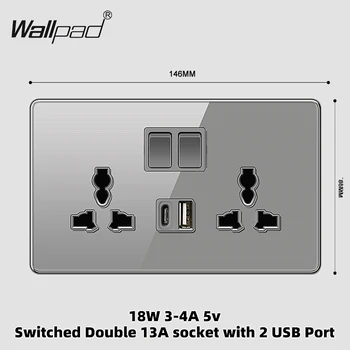 Gray glass dual 3*6 3 Pin universal wall switched power socket with USB 18W 3.1A type A to C wall light switch panel