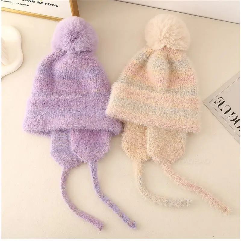 الكورية مختلط اللون لطيف أفخم الأشرطة حماة الأذن محبوك منفذها قبعة المرأة بسيطة الحلو لينة لطيف شتاء دافئ قبعة قبعة #5