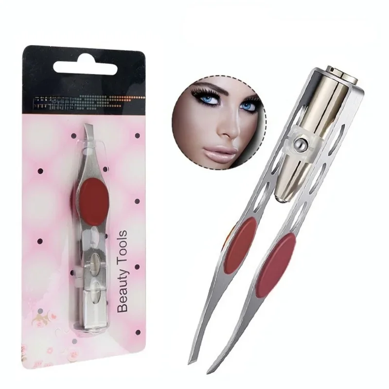 LED Eyebrow Tweezers Oblique Tip Eyebrow Trimming Clip Stainless Steel Eye Hair Removal Clamp False Eyelashes Curler Makeup Tool