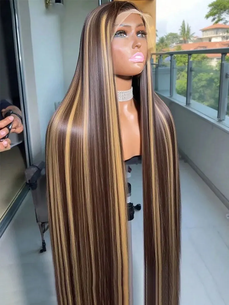 P4/27 mettre en évidence droite 13x4 HD dentelle frontale perruques cheveux humains sans colle perruque brésilienne Ombre miel blond couleur perruque pour les femmes