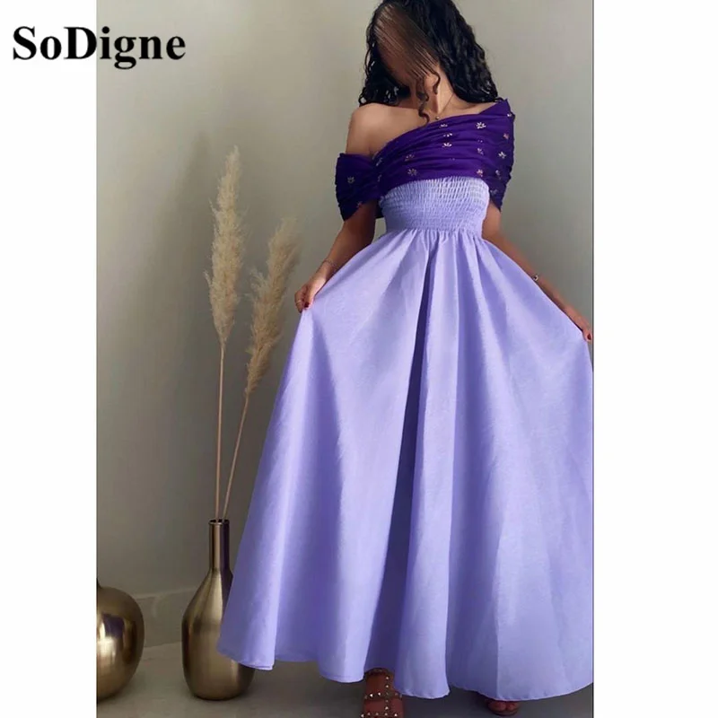 

SoDigne Light Purple A Line Pleats Evening Dresses Saudi Arabic Satin Prom Dress Dubai Women Formal Party Gowns Wedding Wear