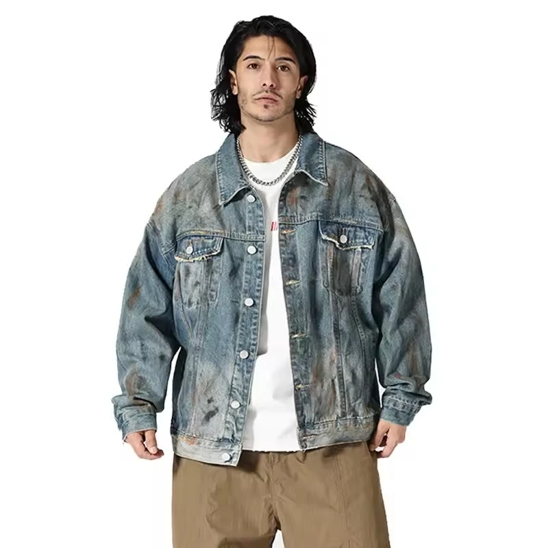 

Men Streetwear Fashion Loose Casual Hip Hop Wash Dirty Denim Coat Campus Boys Girls Oversize Jeans Jacket Unisex Outerwear