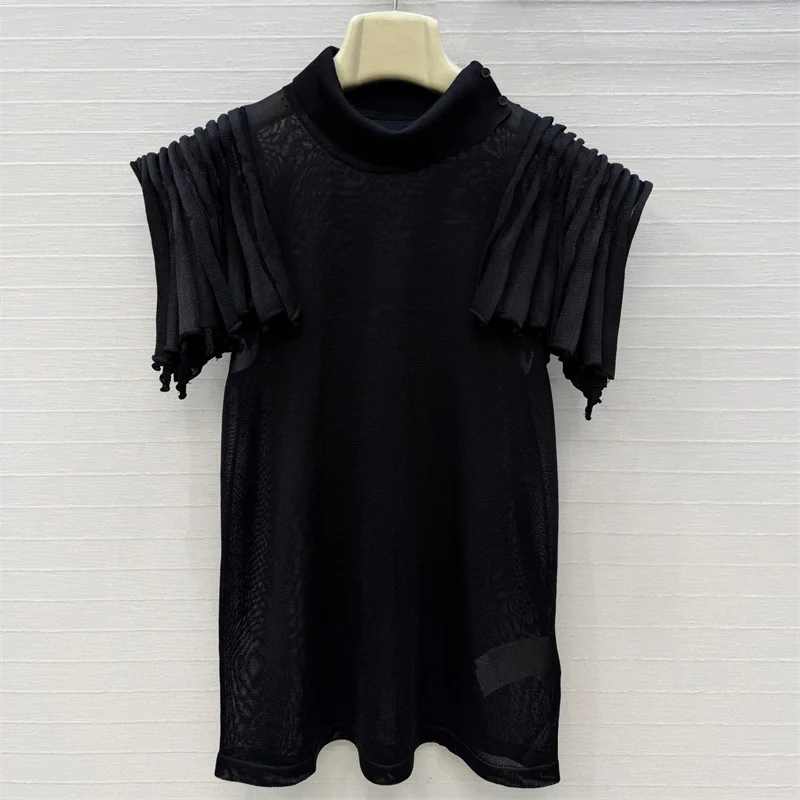 women's t-shirt New elastic slim fit short sleeved top for summer 2026 Half high neck pleated pullover Casual tops for woman y2k