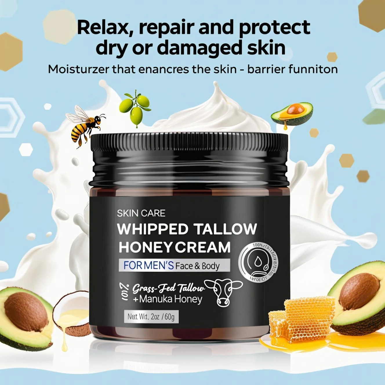 Schlagsahne Tallow-Honigcreme für Männer – natürliche Feuchtigkeitscreme mit Grasfutter Tallow und Manuka-Honig für Gesicht und Körper – 60 g 2025