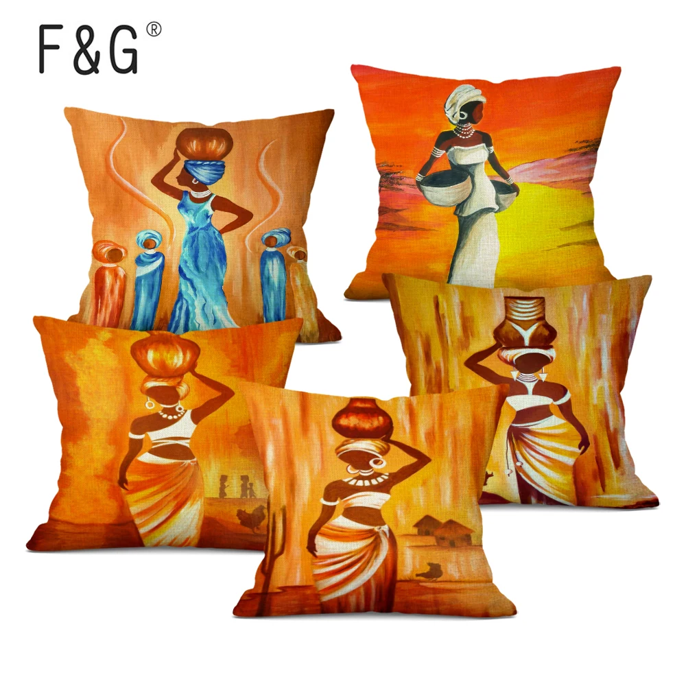 

African Woman Cushion Cover Beautiful Lady Dancer Oil Painting Linen Decorative Pillows Bedroom Sofa Home Decor Pillow Cover