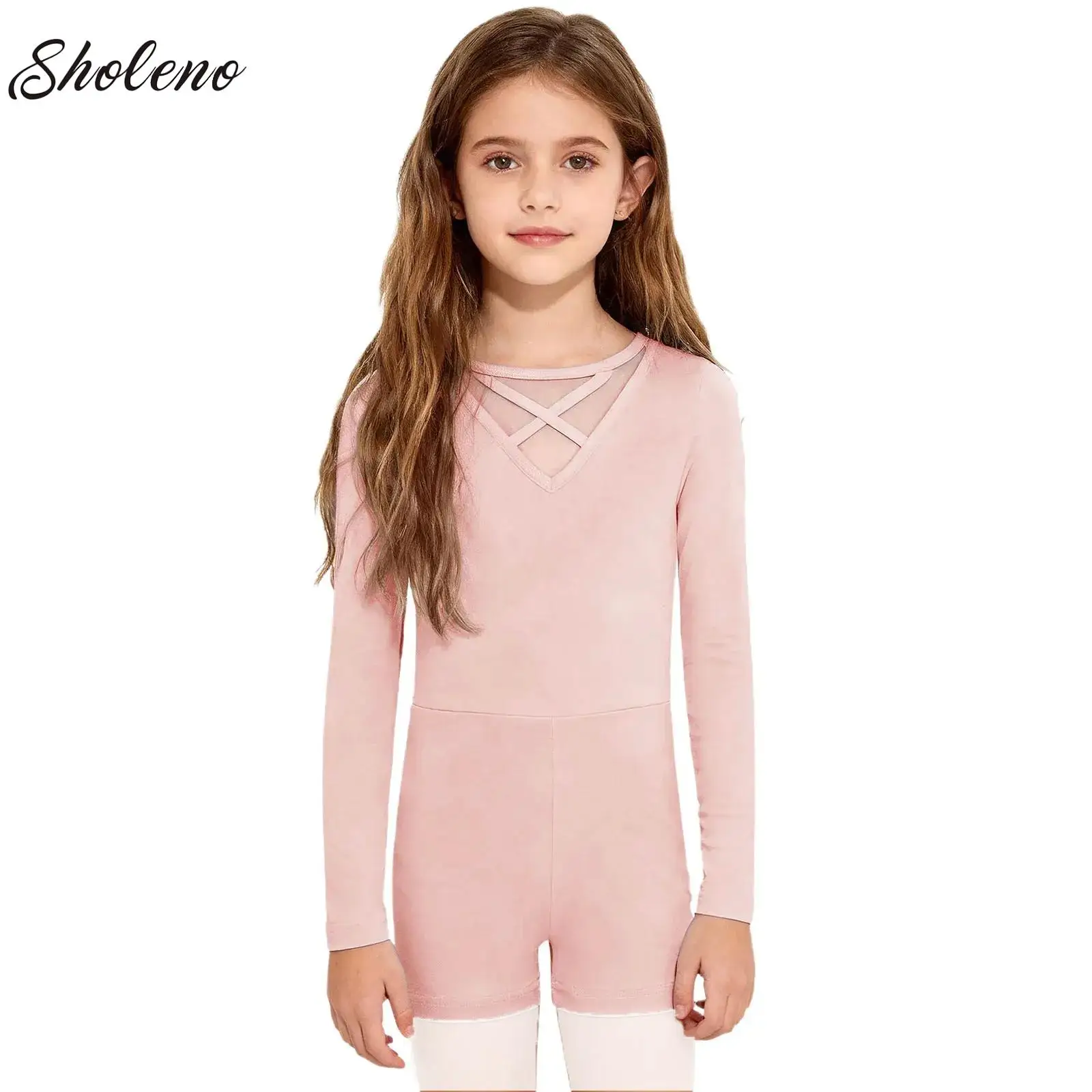 

Girls Sheer Mesh Ballet Dance Gymnastics Bodysuit Biketard for Kids Long Sleeves Short Unitard Sports Yoga Practice Stage Show